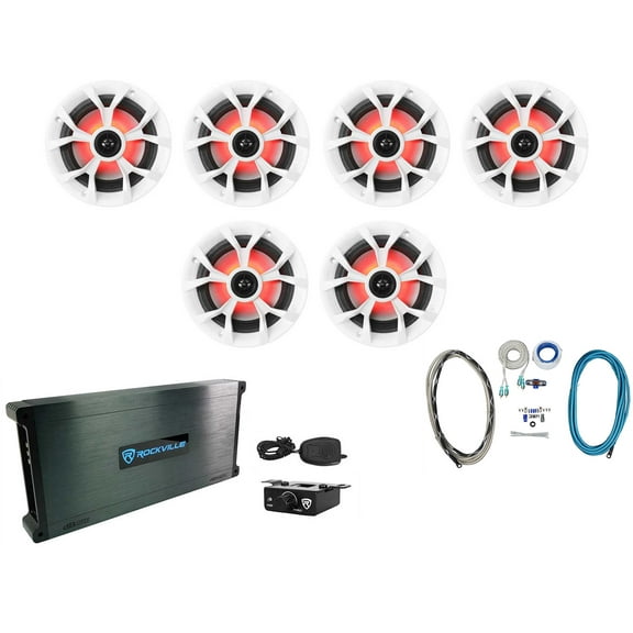 (6) Rockville RKL65MBW 6.5" 700w Marine Boat Speakers w/LED Amplifier Amp Kit