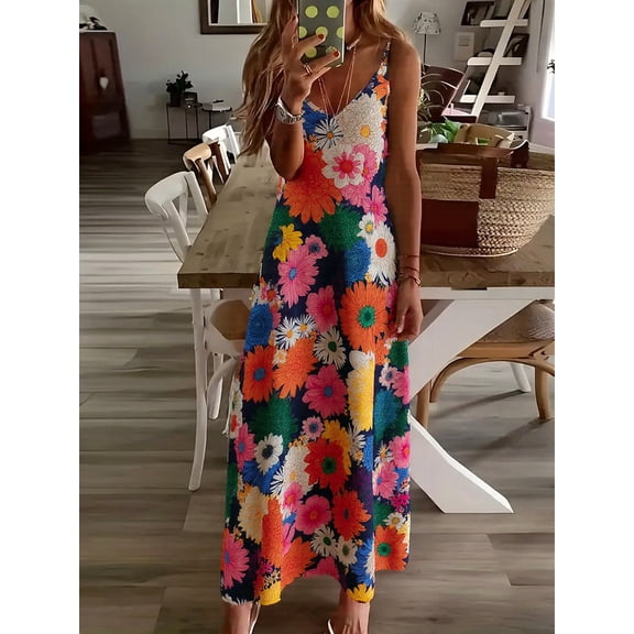 OYYN Women's A-Line Floral V-Neck Spaghetti Straps Sleeveless Maxi Dress