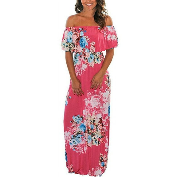 Women Floral Print Off Shoulder Maxi Dresses