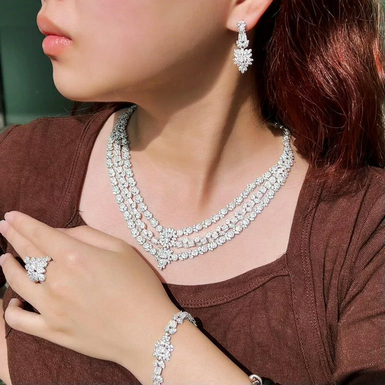 Multiple CZ Women Drop Pageant Necklace Earrings White Gold Plated