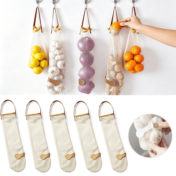 Potato Onion Storage Bags 5-Pack, Reusable Mesh Produce Bags with Hanging Loops for Pantry, Kitchen Organization, Beige