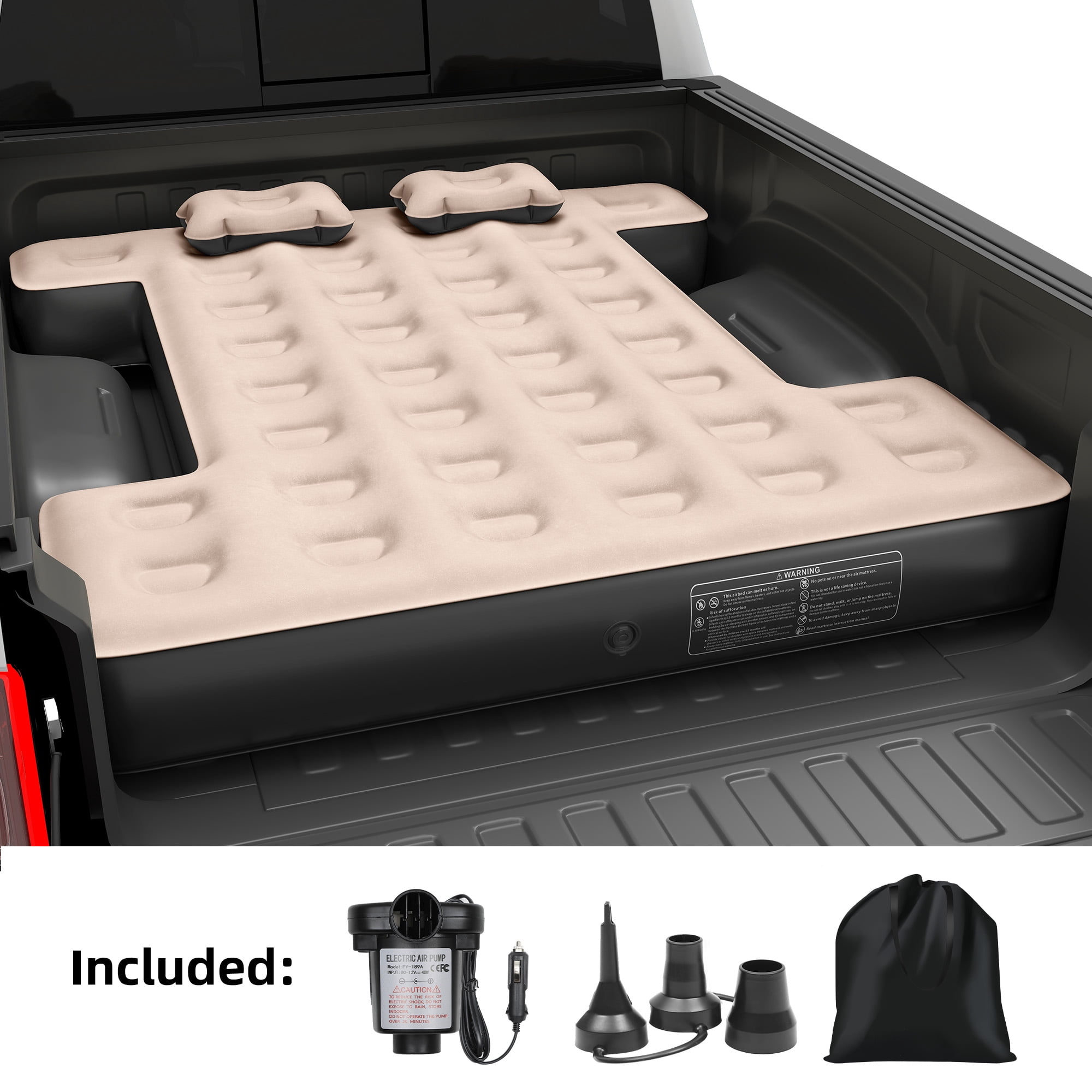 Uforic Inflatable Truck Air Mattress for 5.5–5.8ft Short Bed Pickups, Camping Car Bed with Pump, Pillows, Carry Bag & Patch Kit, Fits Full-Size Trucks, Brown