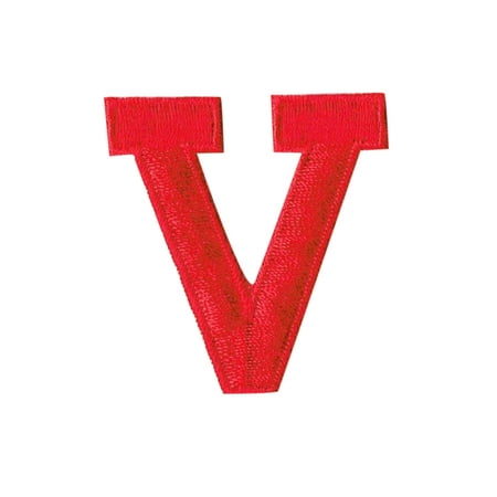 Alphabet Letter V Color Red 2 Block Style Iron On Embroidered Applique Patch - 