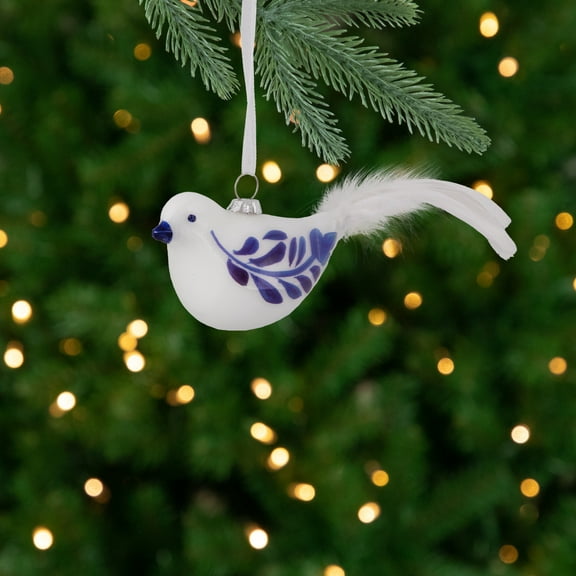 Northlight 6.5" White and Blue Bird Glass Christmas Ornament