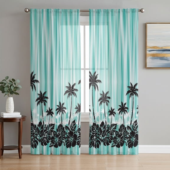 Palm Trees Teal Sheer Curtains 72 Inch Length 2 Panels Set, Summer Coastal Tropical Voile Window Treatment Rod Pocket Curtains Sheers Drapes for Bedroom/Living Room/Kitchen 52"x72"x2