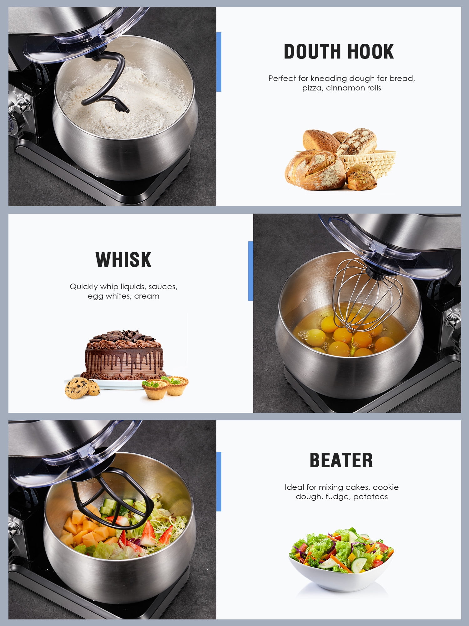 FOHERE 5.8 Qt Stand Mixer, 6 Speed Stainless Steel Mixer, Powerful Kitchen Dough Mixers