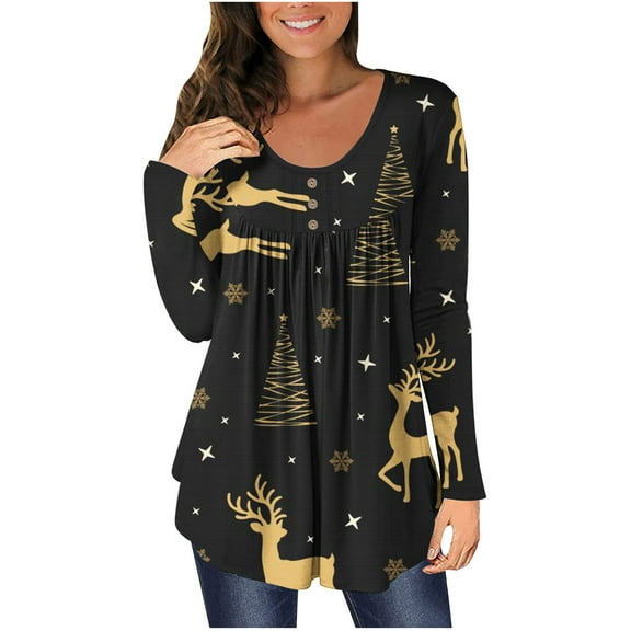 Womens Long Sleeve Button T Shirt Pleated Flowy Scoop Neck Sweatshirt Christmas Tree Print Graphic Tee Gift Tops
