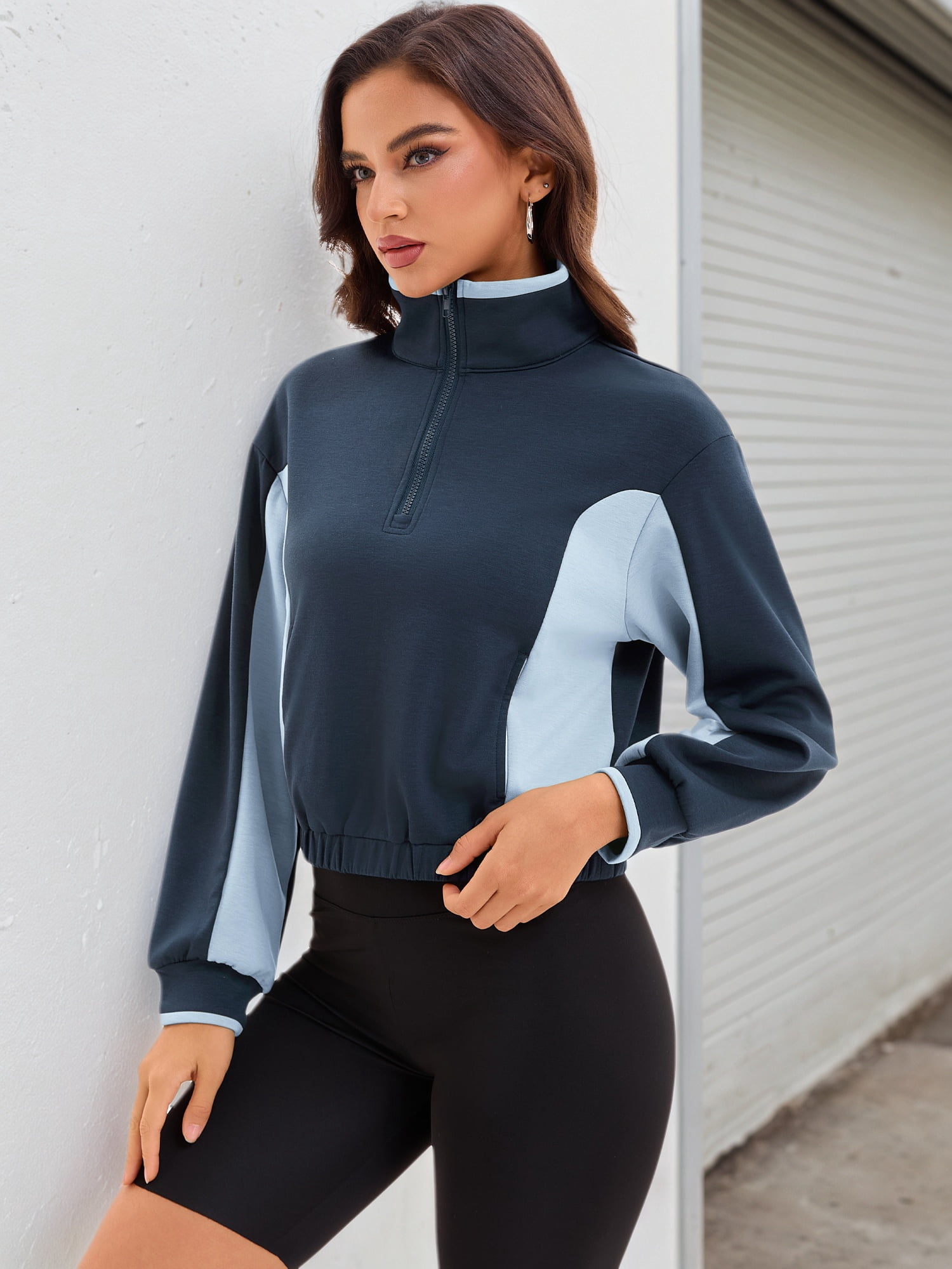 DARING DIVA Women's Quarter Zip Pullover Cropped Sweatshirt S Navy Blue Light Blue