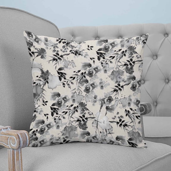 Black Grey Spring Floral Throw Pillow Covers, Soft Pillowcases with Invisible Zipper, Summer Botanical Watercolor Rustic Decorative Pillow Cushion Covers for Living Room Couch Sofa Bed 16x16 Inches