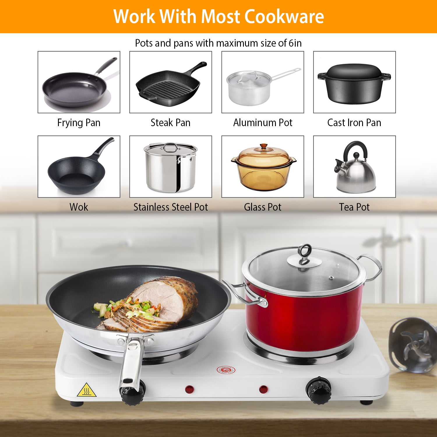 Imountek 2000W Double Hot Plates Electric Burner, Countertop Cooktop with 5 Gear Temperature Control, Portable Electric Stove, White