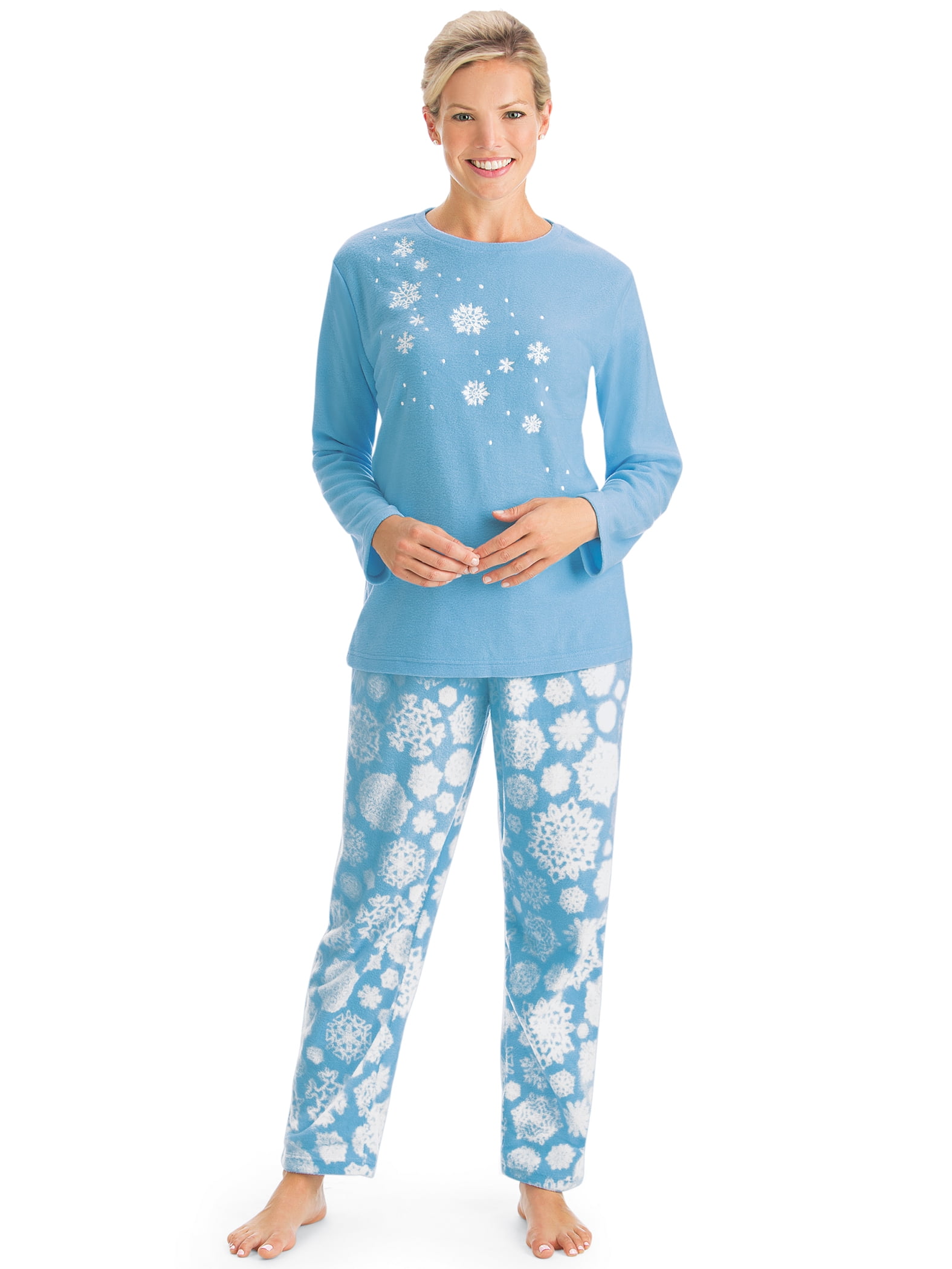 Women Matching Snowflake Long Sleeves Christmas Pajamas Set Top Blouse+Pants