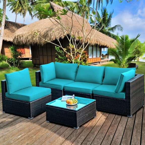 Gymax 5PCS Rattan Patio Conversation Set Sofa Furniture Set w/ Turquoise Cushions