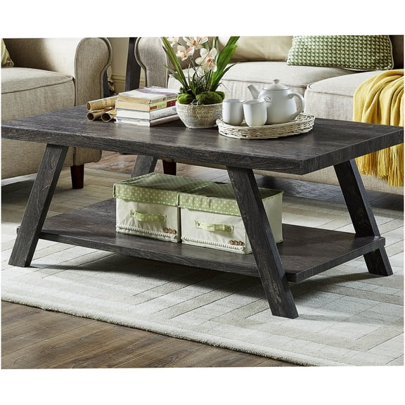 Charcoal Finish Contemporary Wood Coffee Table with Storage Shelf, Replicated Wood Grain Design for Living Room