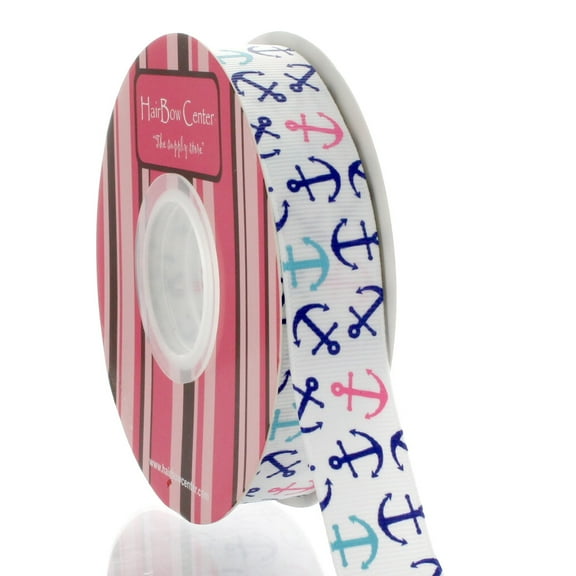 7/8" Pink Blue Nautical Anchors Grosgrain Ribbon 25 Yards