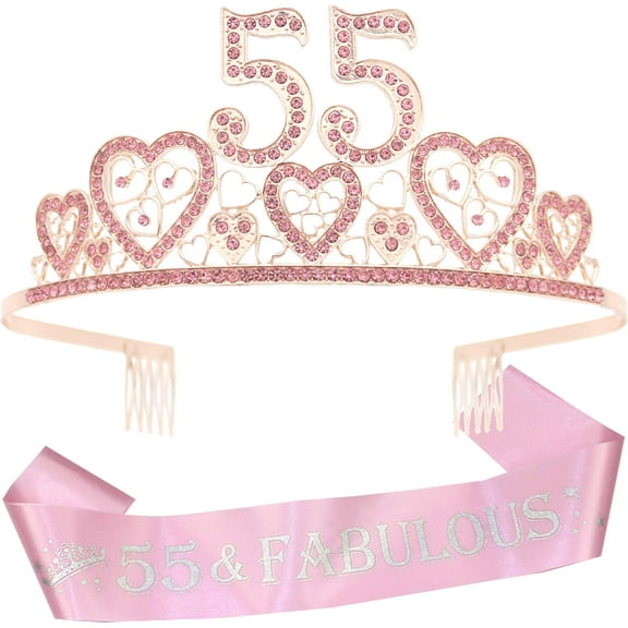 VeryMerryMakering 55th Birthday Glitter Sash & Pink Rhinestone Tiara Set