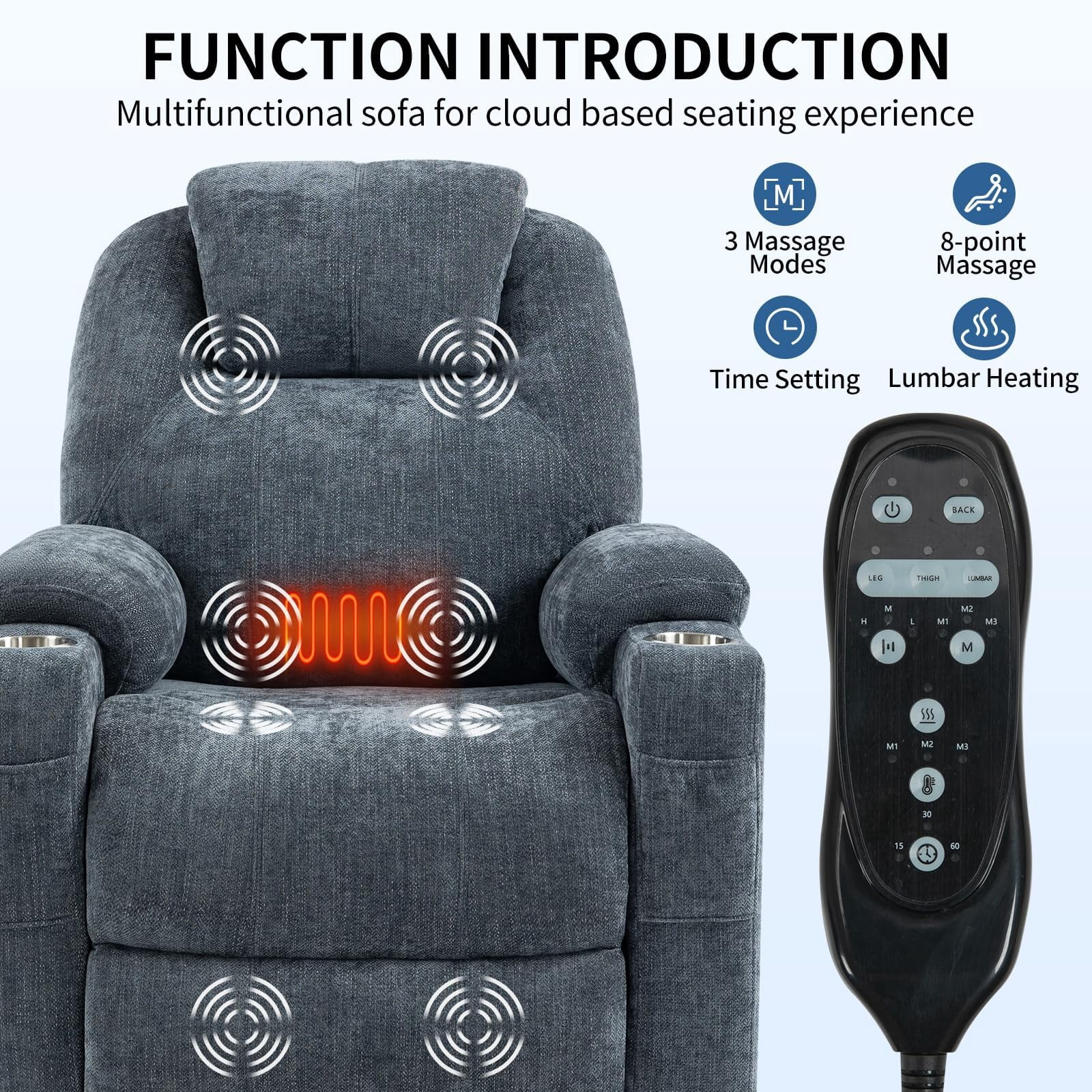 Power Lift Recliner Chair, Electric Lift Recliner for Elderly Reclining Chair with Vibration Massage and Lumbar Heating, Single Sofa with Charging Ports Cup Holders