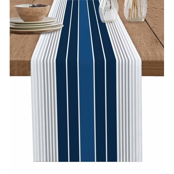 ERUNPONLY Lake Blue Stripes Table Runner - 70 Inch Long Modern Minimalist Gradient Lines Cotton and Linen Blended Dress Scarves Farmhouse Table Runner for Kitchen Dining, Coffee Table, 13"x70"