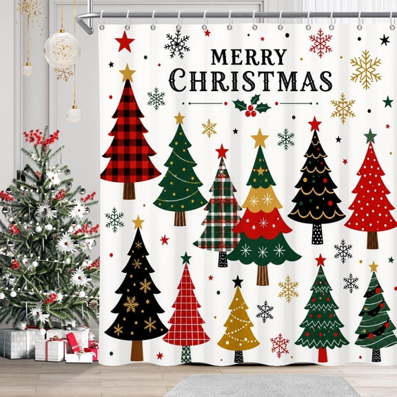 MIZHONA Merry Christmas Shower Curtain Winter Snowflake Xmas Tree Fabric Bathroom Curtains Decor with Hooks 47x64 in