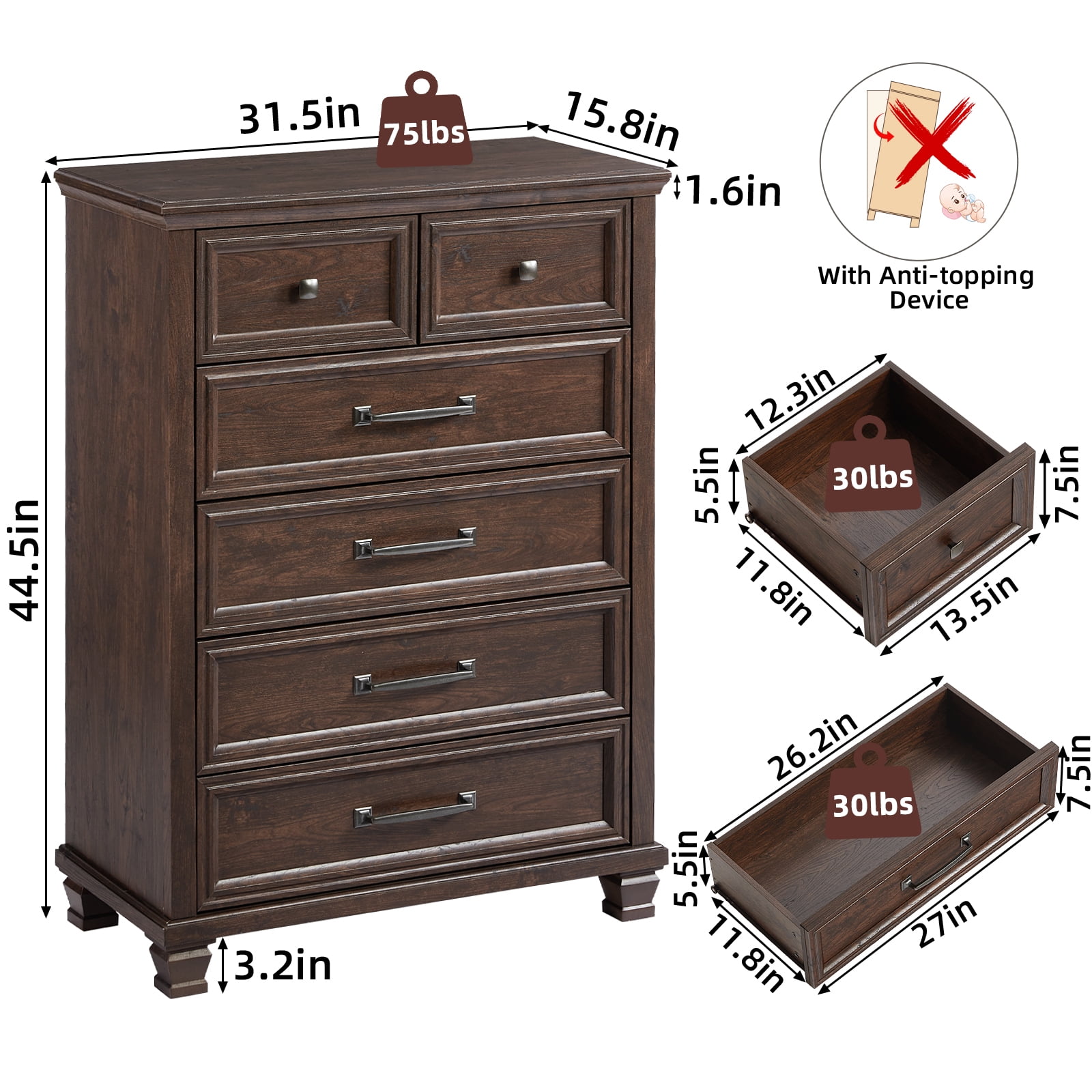 Vertical Dresser for Bedroom, LELELINKY 6 Drawer Dresser with Metal Handle, Chest of Drawers for Living Room, Walnut