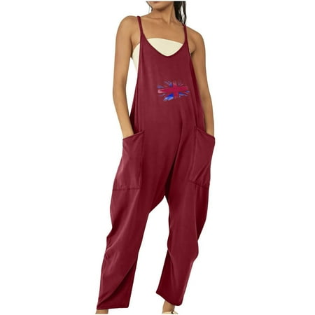 

REORIAFEE Womens Jumpsuits Independence Day Printed Jumpsuit Wide Leg Rompers Independence Day Loose Print Long Jumpsuit Crew Neck Sleeveless Red XL