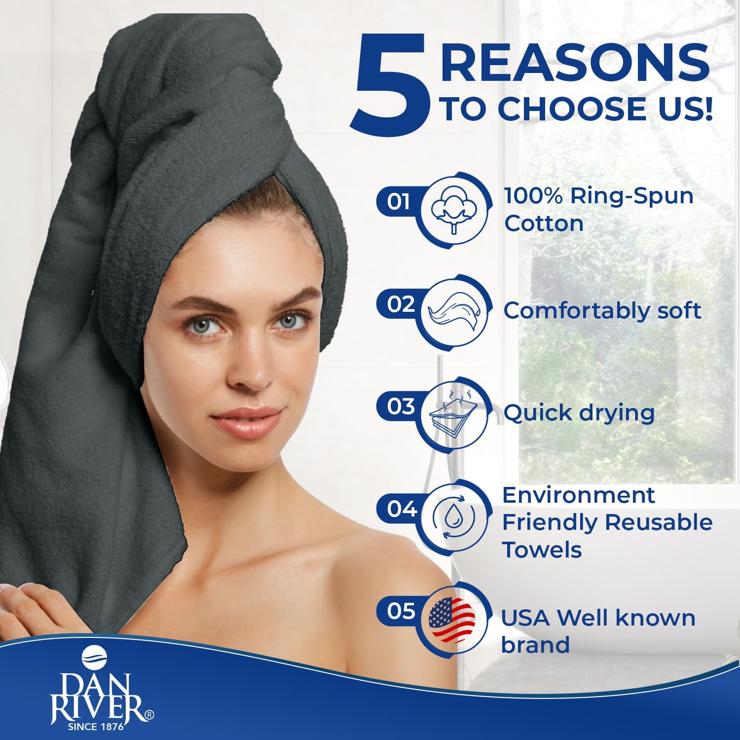 Dan River 6 Piece Towel Set Soft Quick Drying Cotton Bath Towel For Gym, Spa and Bathroom - Gray
