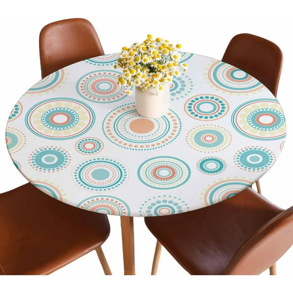 Circles Dots Tablecloth Round Kaleidoscope Orange Turquoise Ethnic Style Waterproof Wipeable Table Cloth Cover for Dining Room Fitted Table 40-44 inch