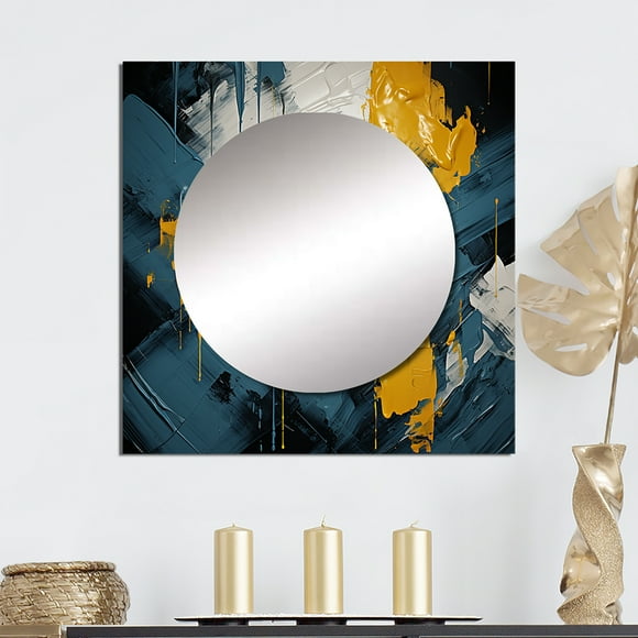 Designart "Exchange With Optimism Abstraction On Vintage Blue III" Abstract Painting Square Mirror For Wall Decor - Large Blue Square Printed Wall Mirror Art - Wall Mounted Square Mirror