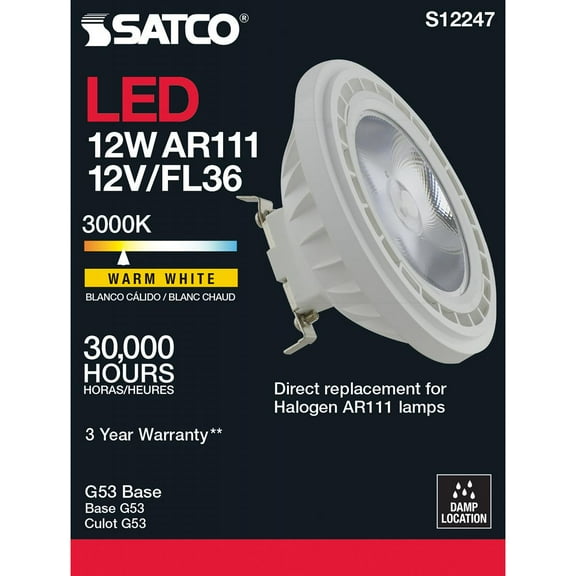 Satco S12247 12W 12V AR111 COB LED Flood Light Bulb 3000K 900L G53 Base (1 Pack)