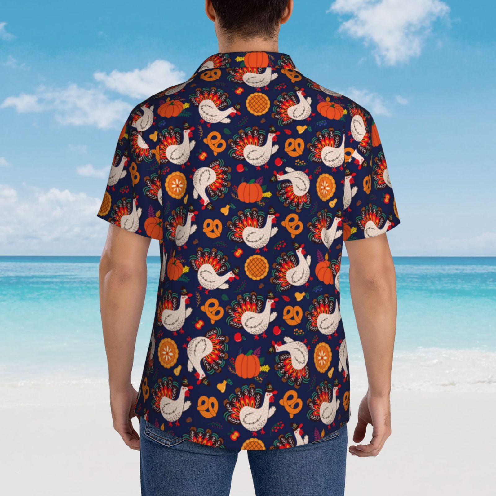 Logiee Turkey And Thanksgiving Print Mens Hawaiian Shirts,Loose-Fit Short Sleeve Button Down Tropical Aloha Beach Shirt,Summer Vacation Wedding Tops,Large