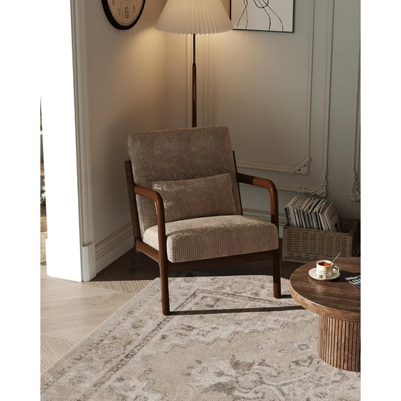 Mid-Century Modern Accent Chair, Wide-Wale Corduroy Upholstery, Solid Wood Armchair with Removable Lumbar Pillow, Sturdy Reading Chair for Living Room, Bedroom, Guest Room, Easy Assembly, Brown
