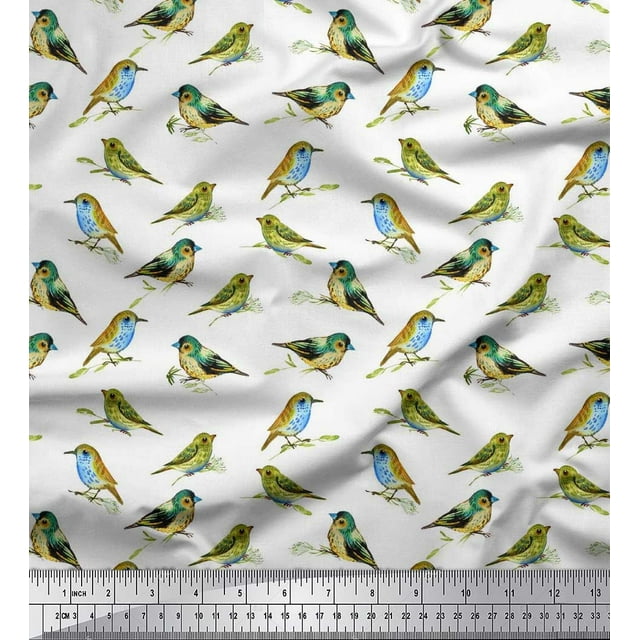 Soimoi Satin Silk Fabric Flycathcer Bird Print Fabric by the Yard 42 Inch Wide