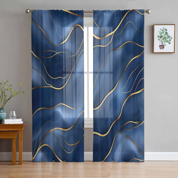 Navy Blue Marble Semi Sheer Curtains 84 Inch Length 2 Panels Set, Abstract Modern Golden Geometric Sheer Kitchen Curtain Privacy Voile Window Curtain for Living Room Bedroom Rod Pocket Drapes