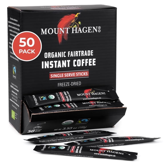 Mount Hagen Dispenser Box – 50 Count Organic Instant Coffee Packets Single Serve, Medium Roast Eco-friendly, Fair-Trade, Freeze-dried Arabica Beans [50 sticks/3.53oz/100g]