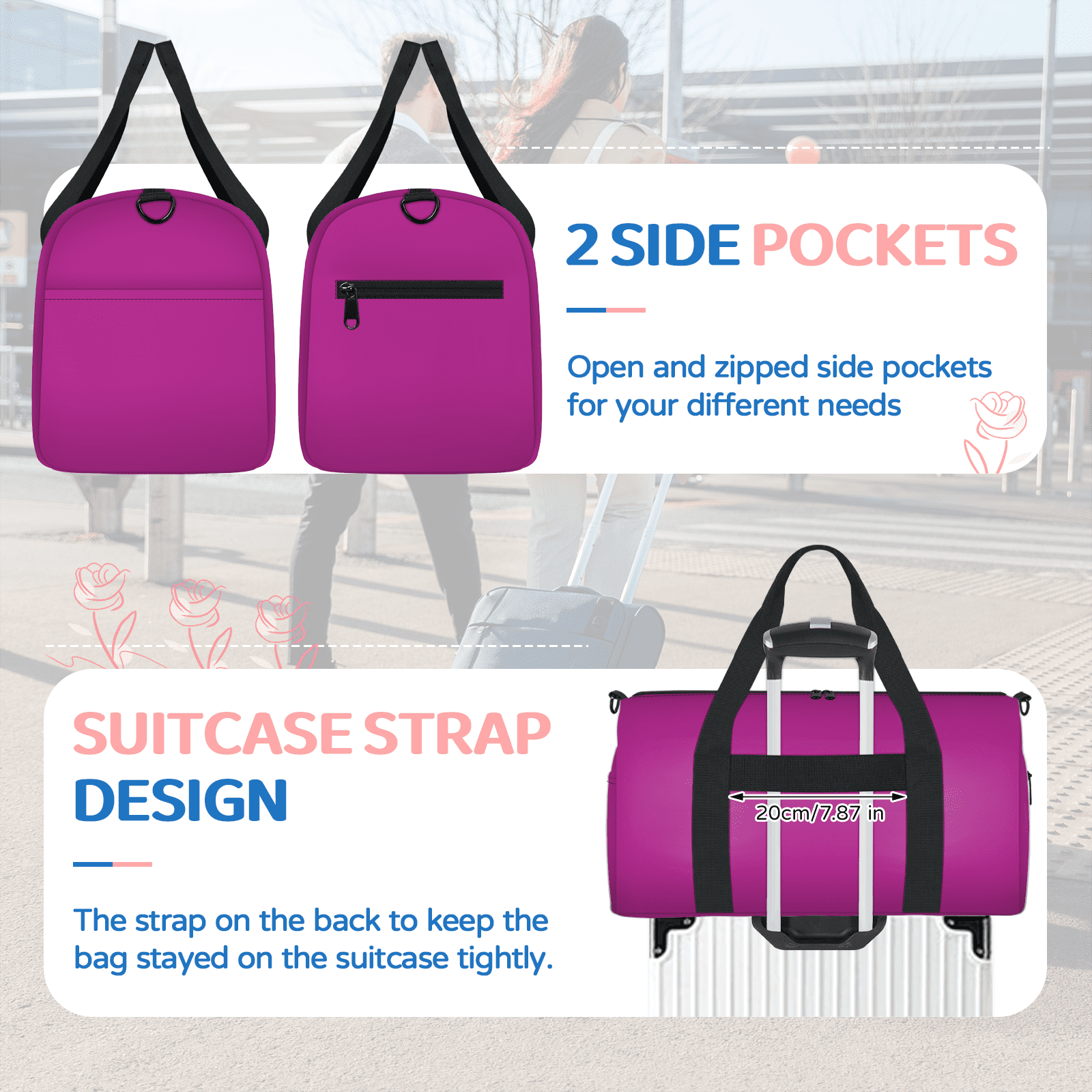 Herdesigns Rose Pink Travel Duffle Bag Sports Yoga Weekender Overnight Carry on Workout Bags Lightweight Waterproof Gym Tote Bag for Women