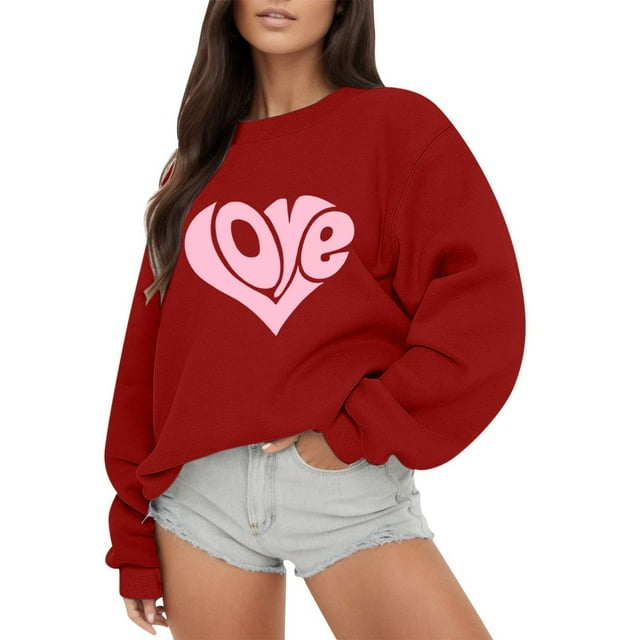 WEAIXIMIUNG Sweat-Shirt Noir pour Femmes Mode Extérieure Imprimé Saint-Valentin Ample Col Rond Manches Longues Hoodie 6