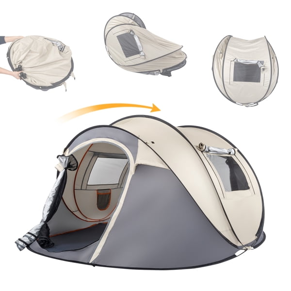 Alvantor 4 Person Pop up Camping Tent with 2 Vestibules,190T Polyester,Oxford Floor,Fiberglass Poles,Khaki,110.2 x 78.7 x 47.2 in