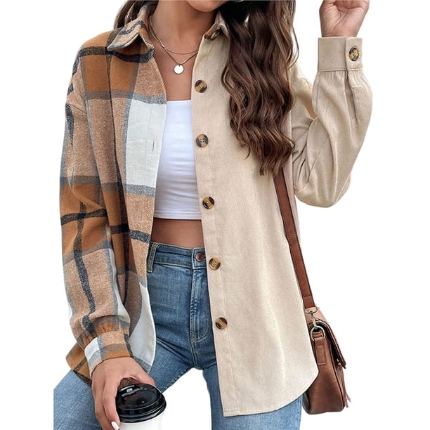 Chaqueta de Franela A Cuadros para Mujer, Camisa de Larga con Botones, Abrigos, Conjuntos de Otoño Caqui S