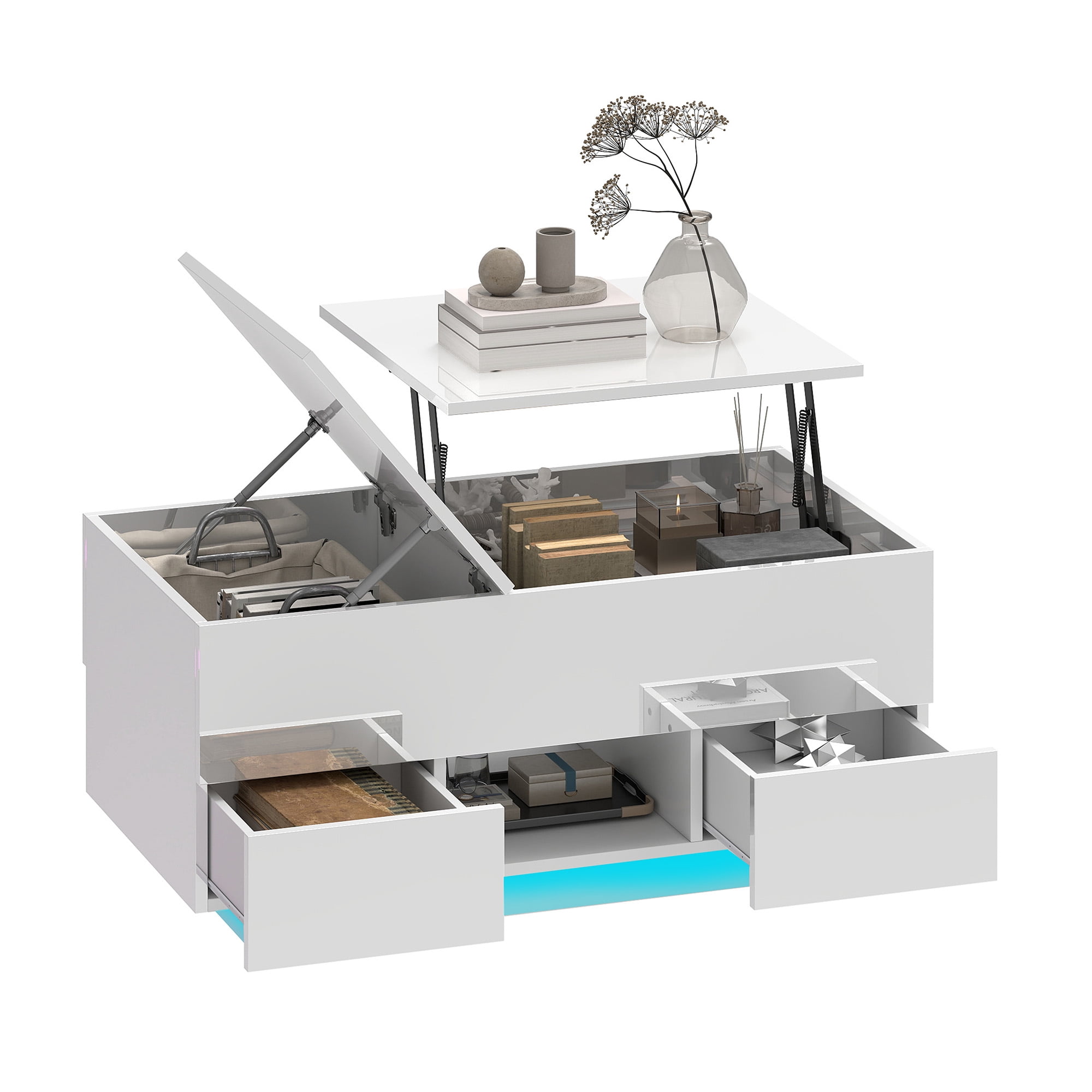 Uforic Lift Top Table with Drawers & LED Lights, High Gloss Coffee Table with Power Outlets, White