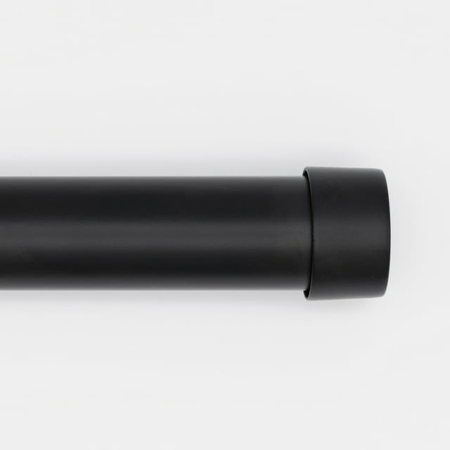 Matte black 1-inch diameter adjustable single curtain rod with cap end, part of Better Homes & Gardens set.