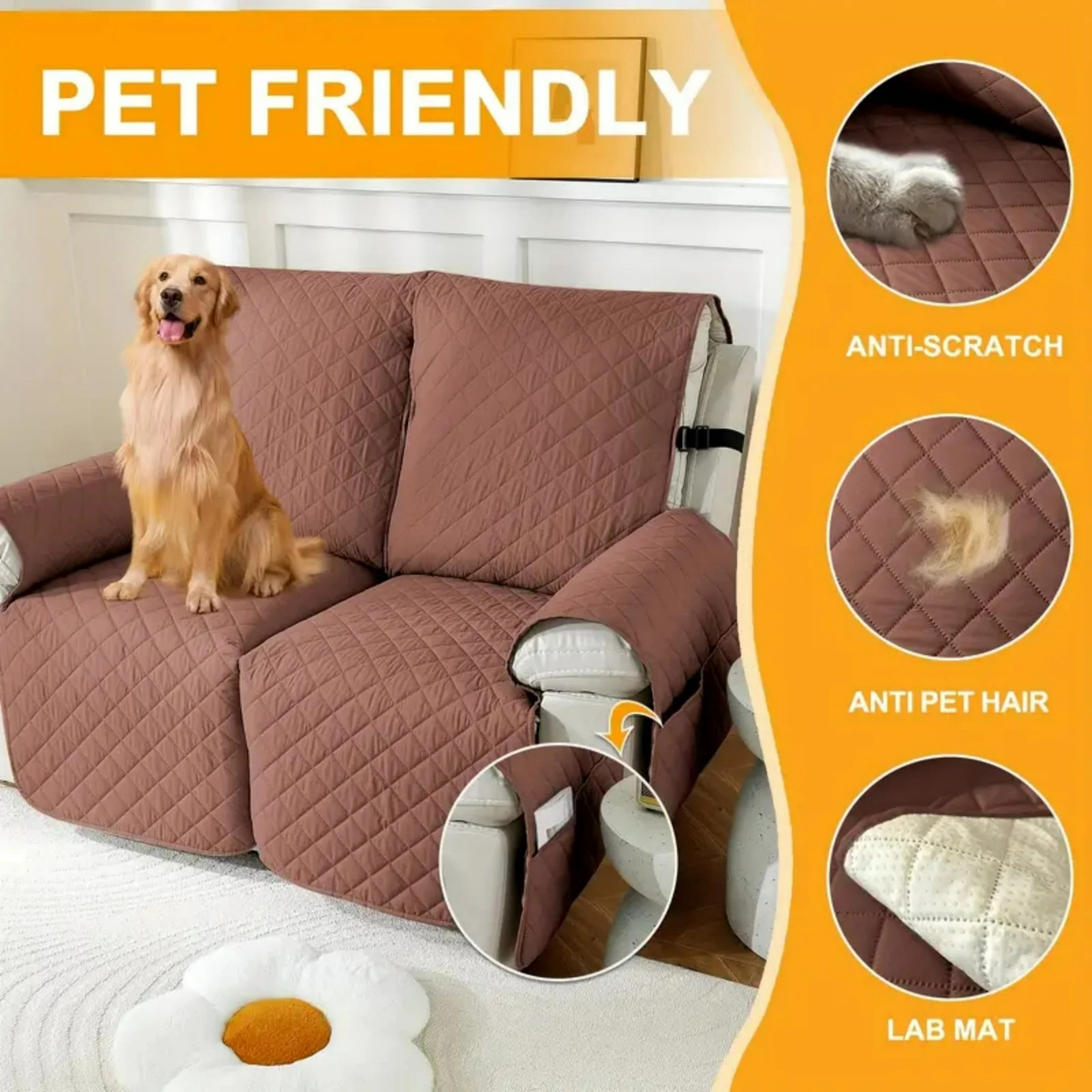 Lavish Cover 100% Waterproof Recliner Loveseat Cover, 2 Pieces Non-Slip Recliner Couch Slipcovers, Washable Furniture Protector with Pockets & Elastic Straps for Kids Pets, 2 Seaters, Beige
