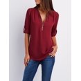 thumbnail image 6 of Ladies Loose Chiffon Shirt Multi Colors V-Neck Zipper Long-Sleeved Casual Basic Blouse Shirt Tops Plus Size, 6 of 8