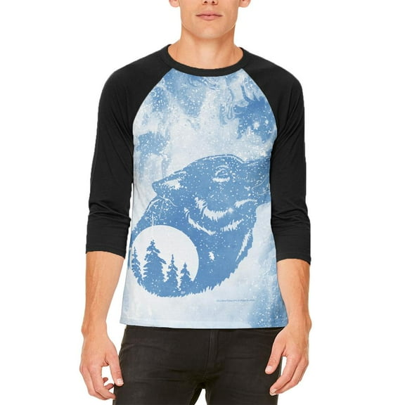 Distressed Blue Howling Wolf Silhouette Mens Raglan T Shirt White-Black X-LG