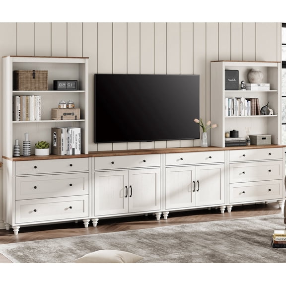 WAMPAT Farmhouse Media Console TV Stand for 75" TV, White Entertainment Center with Doors & Drawer