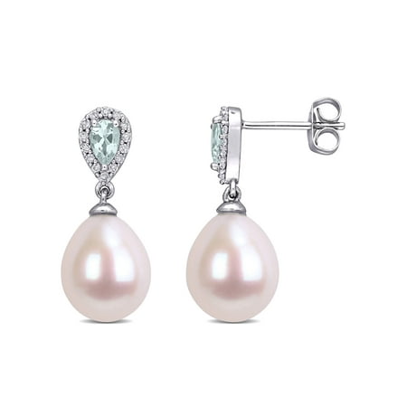 9 - 9.5mm Freshwater Cultured Pearl, 3/8 Carat T.G.W. Aquamarine and 1/7 Carat T.W. Diamond 10kt White Gold Earrings