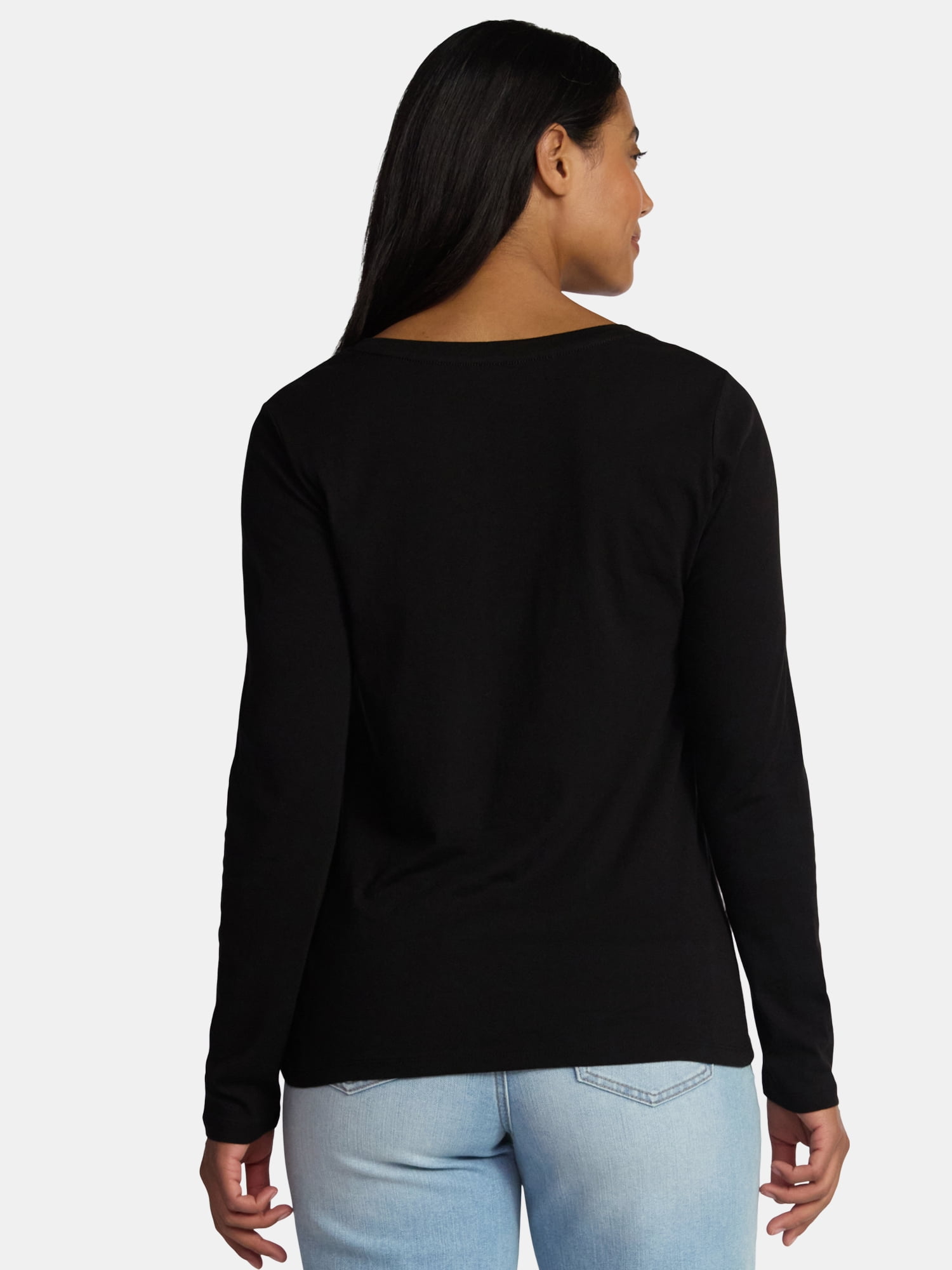 Time and Tru Women's Cotton V-Neck Tee with Long Sleeves, Sizes XS-XXXL