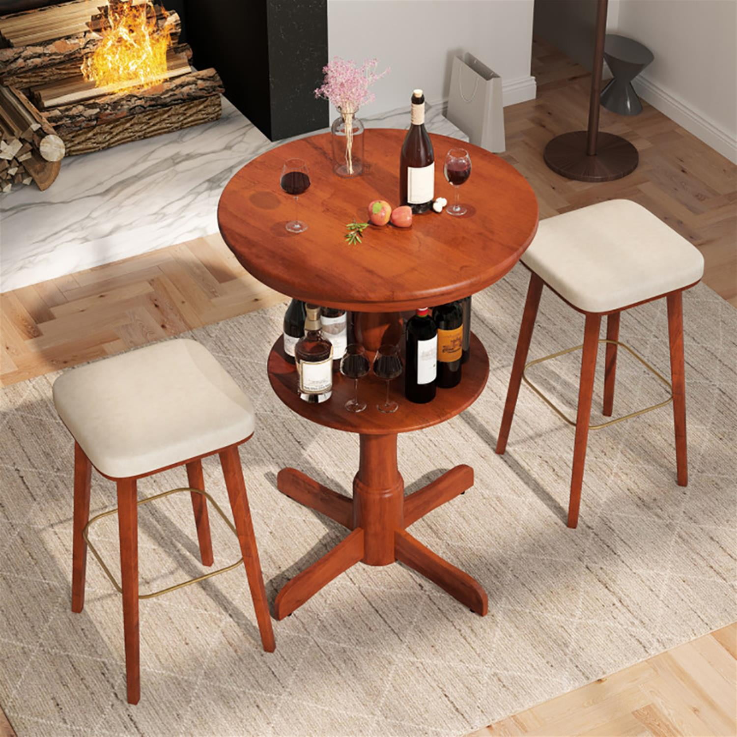 Demi Bonn 29" Pub Table, 2-Tier Round High Top Bar Table with Storage Shelf and Pedestal Base, Perfect for Small Space, Brown