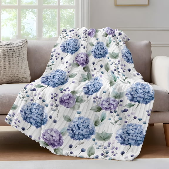 Purple Blue Throw Blanket for Couch Hydrangea Floral Fruit Eucalyptus Leaves Country Soft and Warm Flannel 3D Striped Fluffy Fuzzy Fleece Blanket Lightweight Throw for Bed, Sofa 32 x 48 Inches