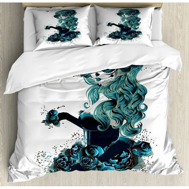 Skull King Size Duvet Cover Set Vintage Sugar Girl Day Of The Dead Bride With Skull King Size Duvet Cover Set, Blue King Size Bedding Sets Uk