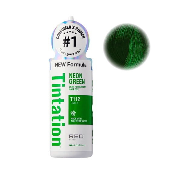Red by Kiss Tintation Semi-Permanent Hair Color, Aloe Vera Water Based, Argan Oil, Olive Oil, Collagen & Keratin, Long-Lasting Color Dye (Neon Green, 5 Fl Oz)