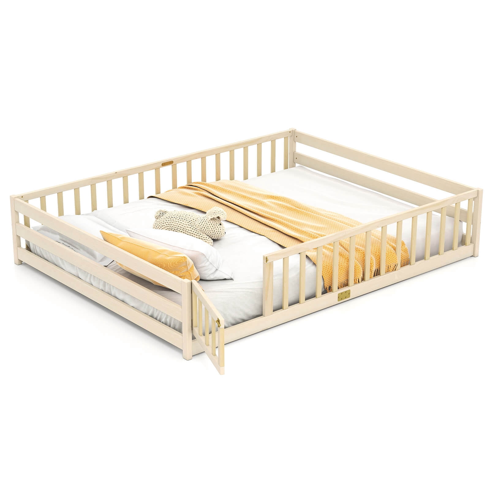 Costway Queen Size Floor Bed with Full Length Safety Guardrails & Door for Boys, Girls Natural